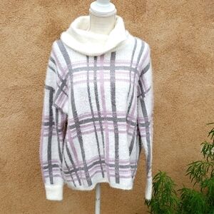 Leo & Nicole eyelash knit checkered plaid cowl neck Chunky slouchy sweat…